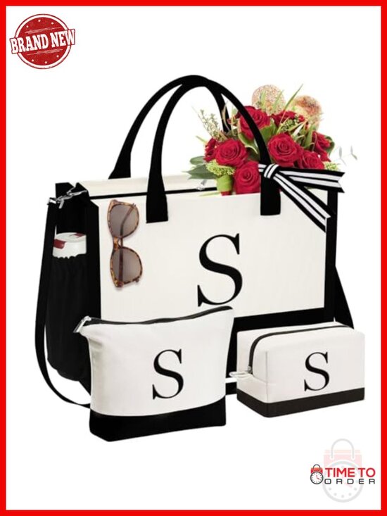 Handbags - Canvas Tote Bag with Embroidered Initial & 2 Makeup Bags, Large Capacity,